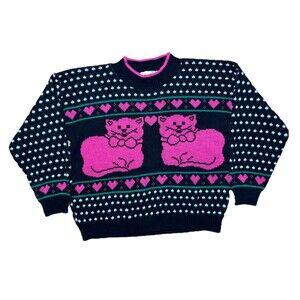 Vintage Jane Adams Cat Knit Sweater Med Made in USA Grannycore Crazy Cat Lady